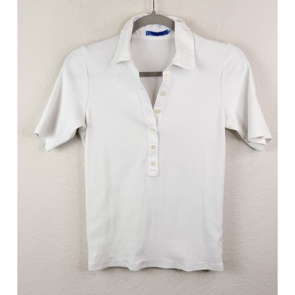 J.McLaughlin White Ribbed Polo Shirt Women's S Pima Cotton Stretch Quiet Luxury
